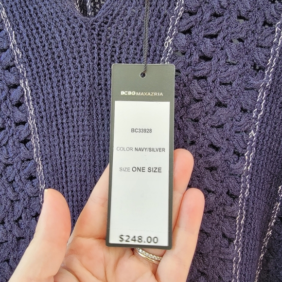 BCBGMaxAzria Navy Blue Silver Metallic New One Size Boho Longline Fringe Poncho - Picture 9 of 11